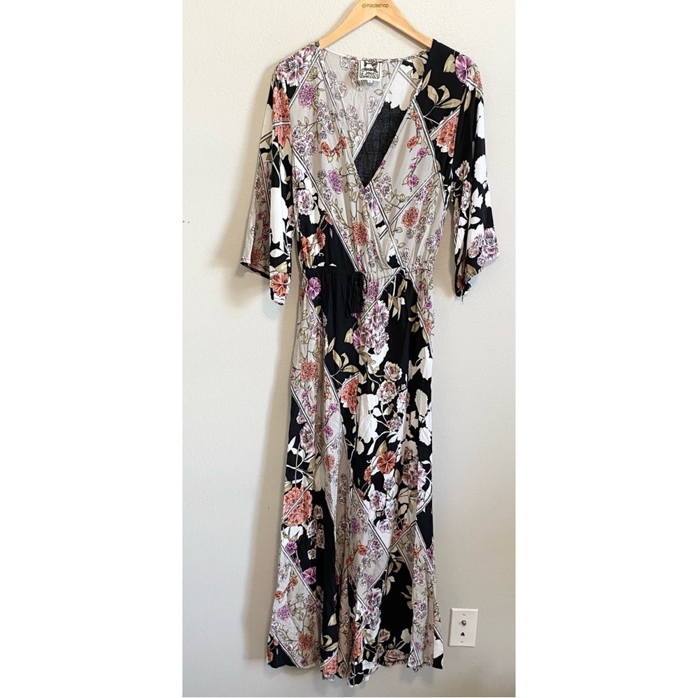 Jaase Black Floral Bohemian Lightweight Wide Leg Jumpsuit Size Medium